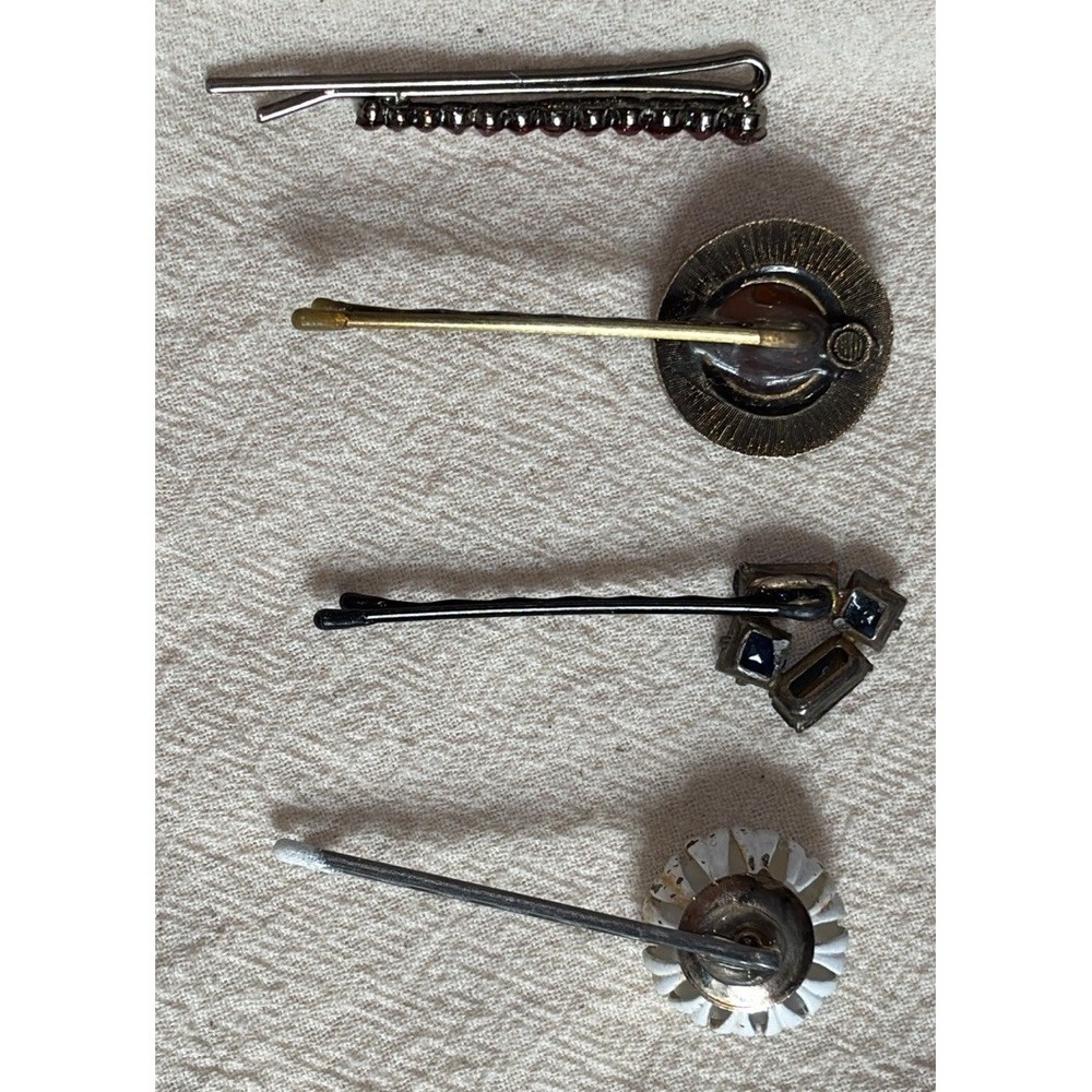 Vintage Rhinestone & Other Hair Bobby Pins Silver Tone Set Of 4 - Picture 6 of 6